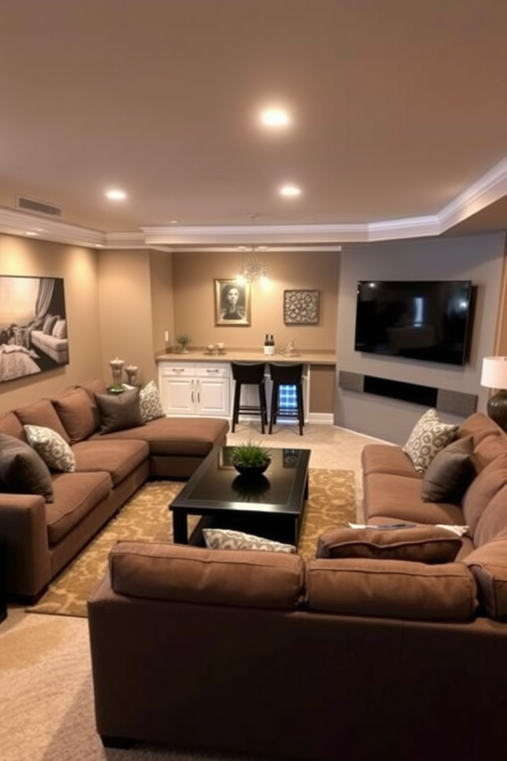 A cozy family room featuring a spacious sectional sofa arranged around a sleek coffee table. A large flat-screen TV is mounted on the wall opposite the seating area, creating an inviting space for relaxation and entertainment. The basement design includes a combination of comfortable seating and stylish decor, with warm lighting that enhances the atmosphere. A small bar area is integrated into the design, complete with stools and a mini fridge for convenience.