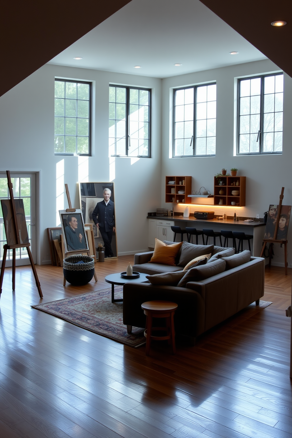 Art studio with natural light and easels. The space features large windows that allow sunlight to flood in, illuminating the wooden floors and white walls. Large basement design ideas. The area is transformed into a cozy entertainment space with a sectional sofa, a wet bar, and ambient lighting that creates a warm atmosphere.