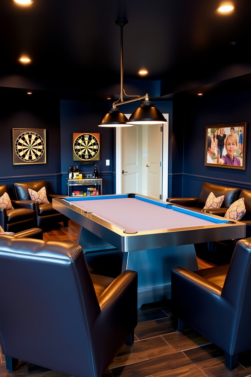 A vibrant game area featuring a sleek pool table centered in the room, surrounded by comfortable seating in rich leather. On one wall, a dartboard is mounted, complemented by a stylish bar cart stocked with drinks and glassware. The walls are painted in a deep navy blue, creating a cozy atmosphere, while the floor is finished with dark hardwood for a warm touch. Ambient lighting from stylish pendant fixtures enhances the inviting feel of this large basement design.