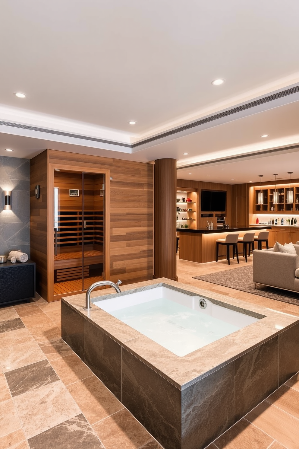 Luxurious spa area with sauna and tub. The space features a large soaking tub surrounded by natural stone tiles and a sleek wooden sauna in the corner. Large basement design ideas. The basement includes a cozy lounge area with plush seating, a stylish bar with modern fixtures, and a home theater setup for entertainment.