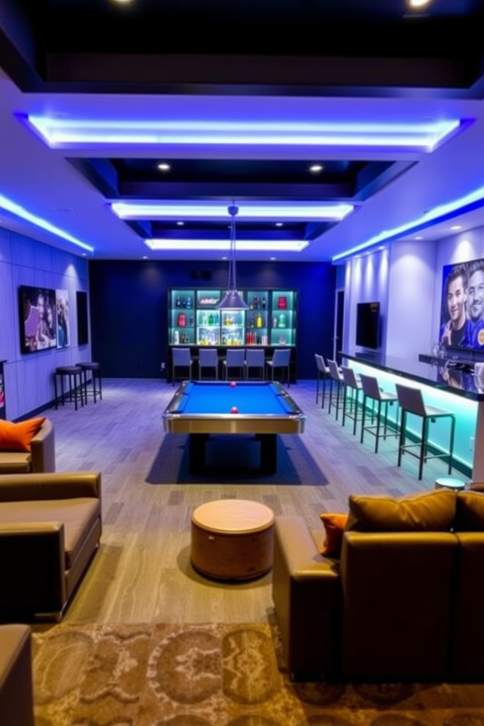 Open concept game room with a bar area featuring a sleek modern design. The space includes a pool table, comfortable seating, and a stylish bar with high stools, surrounded by soft ambient lighting. Large basement design ideas that maximize functionality and style. Incorporate a cozy lounge area, a home theater setup, and ample storage solutions, all while maintaining an inviting atmosphere.