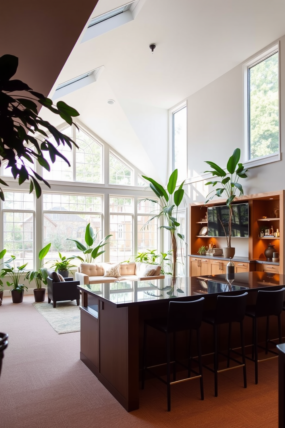 Bright sunroom with large windows allowing natural light to flood the space. Lush green plants are strategically placed around the room, creating a vibrant and inviting atmosphere. Large basement design featuring a cozy lounge area with plush seating and a warm color palette. A wet bar with stylish stools and ambient lighting enhances the entertainment vibe of the space.