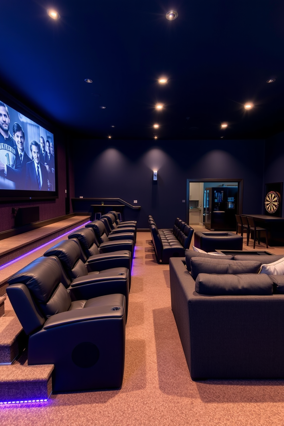 A stylish home theater featuring a large projector screen mounted on the wall. Plush black reclining seats are arranged in a tiered layout, with dimmable LED lights providing a warm ambiance. The walls are painted a deep navy blue, creating a cozy atmosphere for movie nights. A sleek sound system is integrated into the design, and a small bar area with high stools is located at the back of the room. Large basement design ideas include an open layout that incorporates a lounge area with a comfortable sectional sofa. The space features a wet bar with modern appliances and a game zone with a pool table and dartboard.