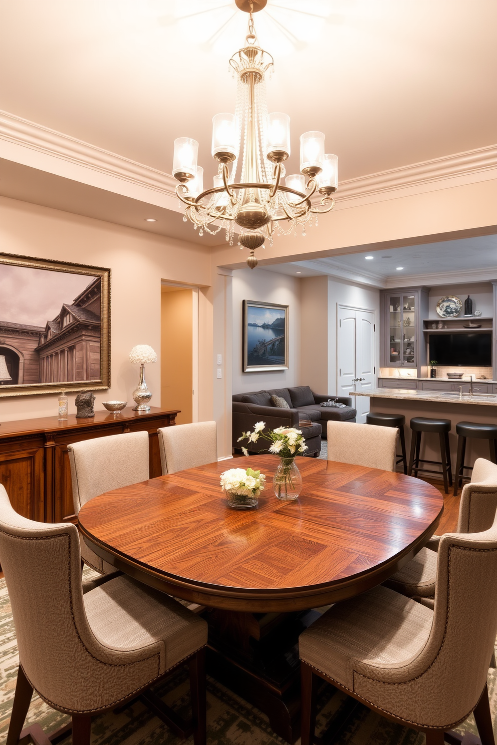 Elegant dining area for family gatherings. The table is a polished oak with comfortable upholstered chairs around it. A stunning chandelier hangs above, casting a warm glow over the space. The walls are adorned with tasteful artwork, and a sideboard displays fine china and decorative pieces. Large Basement Design Ideas. The layout includes a cozy lounge area with a sectional sofa and a large flat-screen TV. Additionally, a wet bar is positioned nearby, featuring stylish stools and modern appliances for entertaining guests.