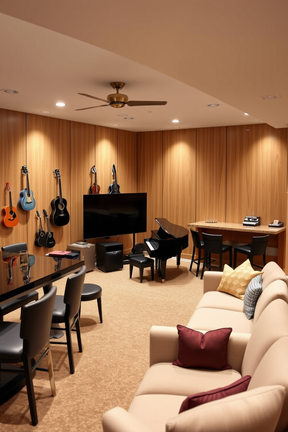 Charming music room with instruments on display. The walls are adorned with soundproof panels in a warm wood finish, and a grand piano sits elegantly in the corner. Large basement design ideas. The space features a cozy seating area with plush sofas, a wet bar with stylish stools, and a game table for entertainment.