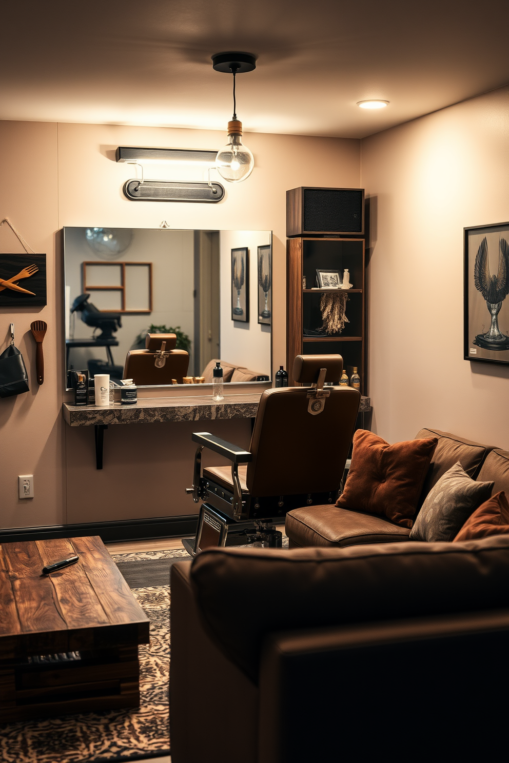 Inviting barbershop corner for personal grooming. The space features a vintage leather barber chair positioned in front of a large mirror with industrial-style lighting above. Large basement design ideas. The area is transformed into a cozy lounge with a plush sectional sofa, a rustic coffee table, and warm ambient lighting to create a welcoming atmosphere.