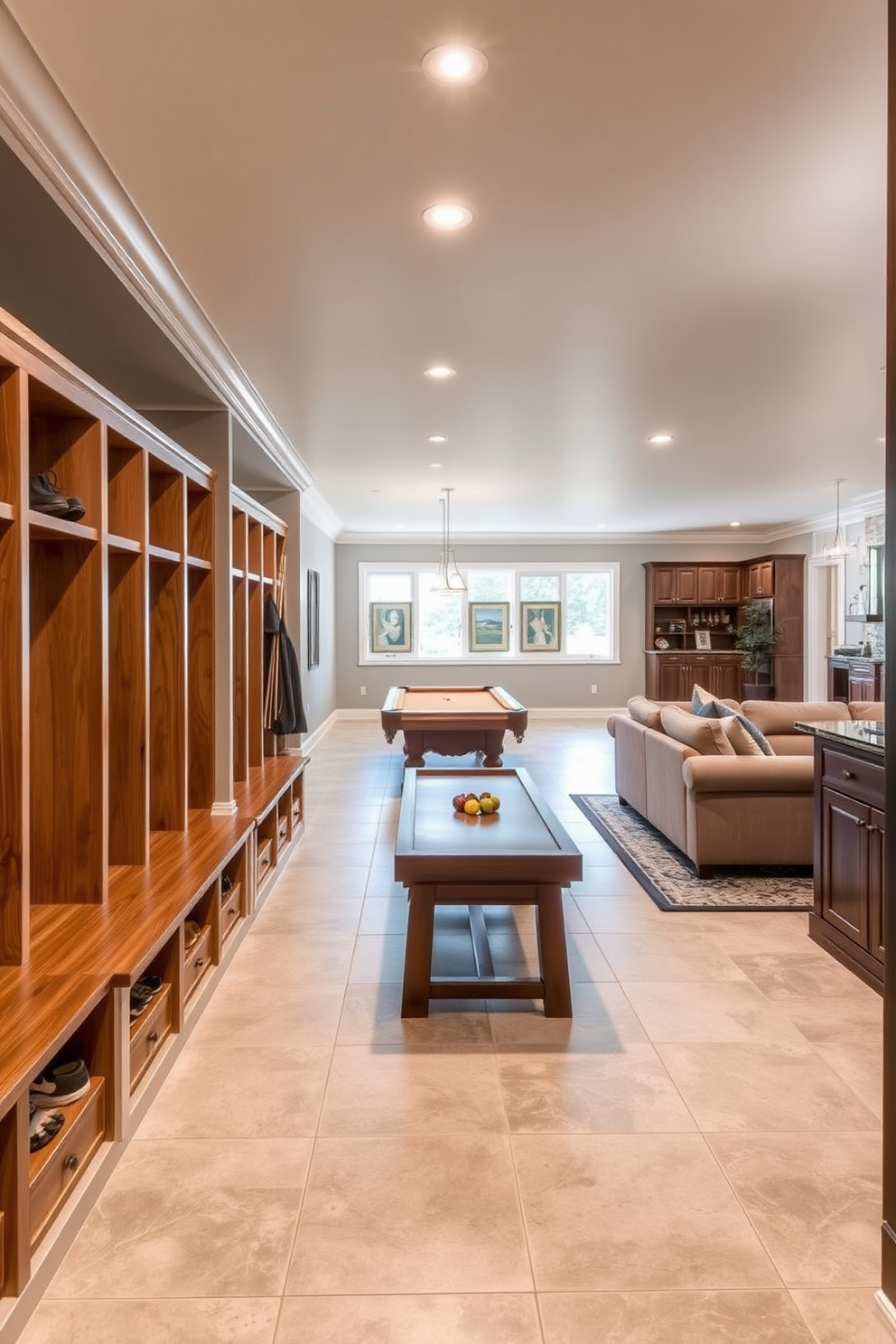 A functional mudroom with ample storage features built-in wooden benches and cubbies for shoes and coats. The walls are painted in a soft gray, and the floor is covered with durable tile that can withstand heavy traffic. Large basement design ideas include an open layout with designated areas for entertainment and relaxation. The space is furnished with a plush sectional sofa, a pool table, and a wet bar, all accented by warm lighting and rich wood finishes.