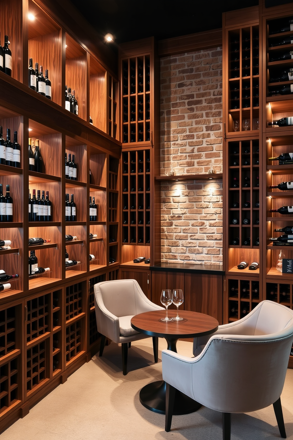 An elegant wine cellar featuring custom wooden shelving that showcases a curated selection of fine wines. Soft ambient lighting highlights the rich textures of the wood and creates a warm, inviting atmosphere. The space includes a tasting area with a small round table and plush chairs, perfect for intimate gatherings. A stunning feature wall made of exposed brick adds character and complements the overall design.