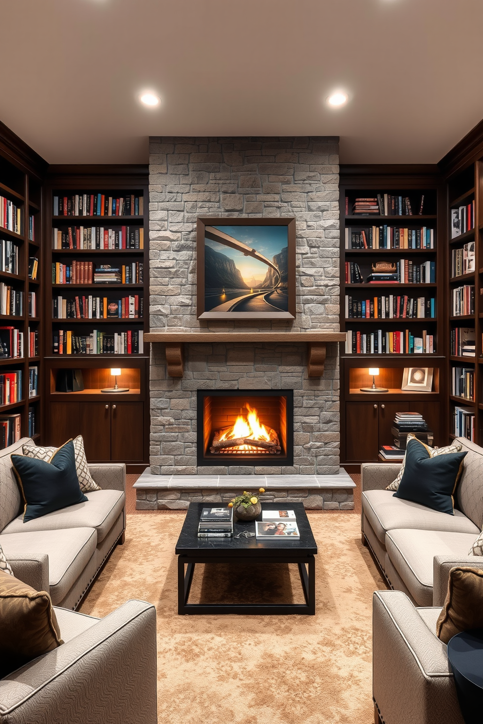 Cozy family lounge with a warm fireplace surrounded by comfortable seating. Shelves filled with books line the walls, creating an inviting atmosphere for relaxation and reading. Large basement design ideas featuring an open layout with a multi-functional space. Incorporate a home theater area, a game zone, and a cozy nook for reading or studying.