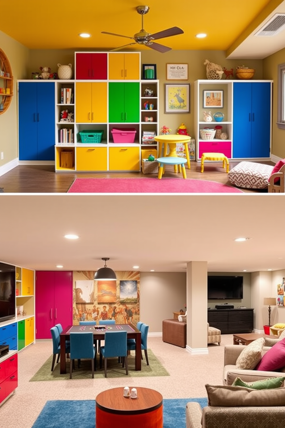 A bright playroom filled with vibrant colors and playful decor. Colorful storage solutions are integrated into the design, providing both functionality and fun. A spacious basement designed for entertainment and relaxation. Comfortable seating areas, a game table, and soft lighting create an inviting atmosphere for family gatherings.