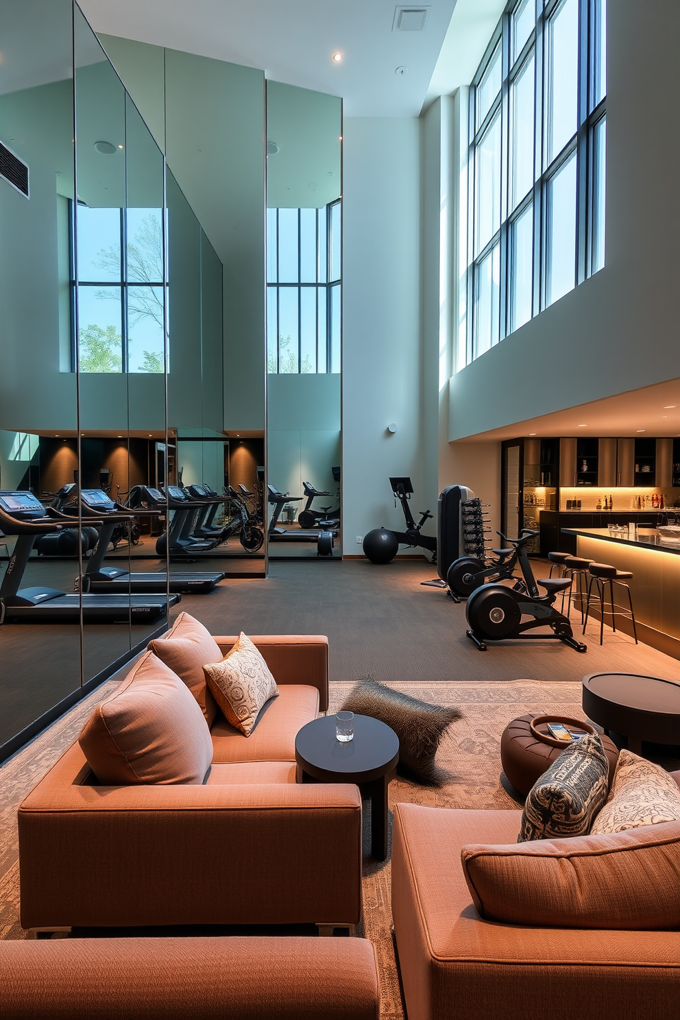 A modern gym with mirrored walls reflects the natural light streaming in from large windows. The space is equipped with state-of-the-art fitness machines, free weights, and a designated area for yoga and stretching. The large basement design features an open layout with a cozy lounge area and a wet bar. Soft recessed lighting illuminates the space, highlighting the plush seating and stylish decor elements.