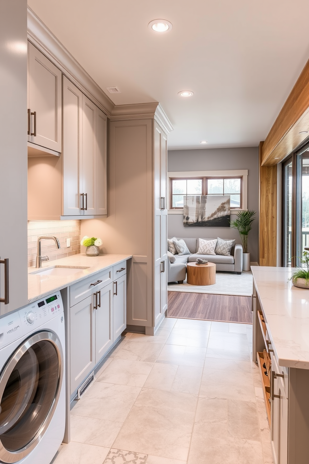 A functional laundry room with ample storage features custom cabinetry that stretches from floor to ceiling. The room is equipped with a large sink and a countertop for folding clothes, with a stylish backsplash in soft gray tones. Large basement design ideas include an open concept layout that incorporates a cozy lounge area with plush seating and a built-in bar. The space is illuminated by recessed lighting and large windows that bring in natural light, complemented by warm wood accents throughout.