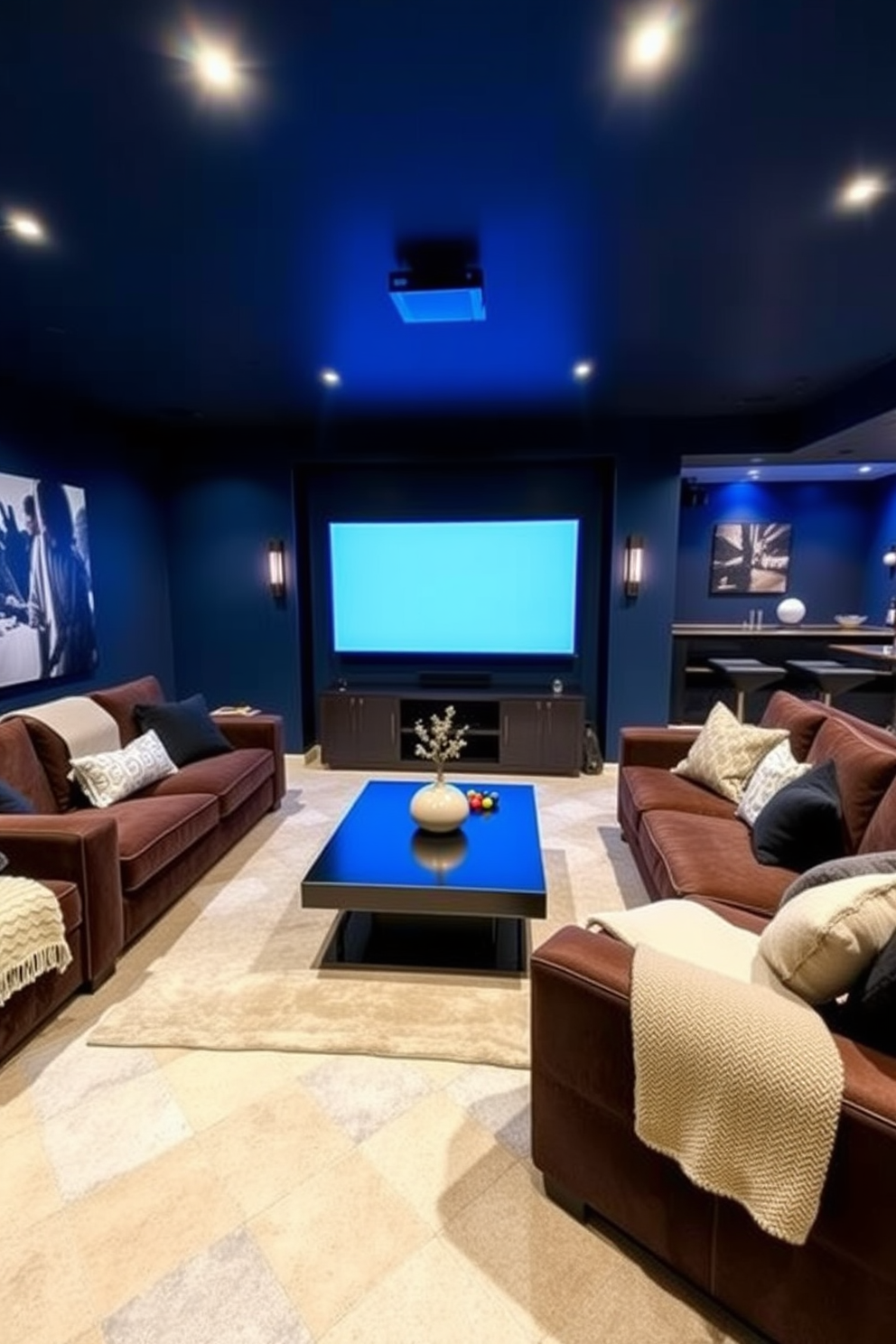 A chic media room designed for comfort and entertainment. Plush sectional sofas are arranged around a large flat-screen TV, with ambient lighting creating a cozy atmosphere. The walls are painted in a deep navy blue, enhancing the cinematic experience. A sleek coffee table sits in the center, surrounded by stylish decor and soft throw blankets. Large basement design ideas focus on maximizing space and functionality. The area features a combination of a game zone with a pool table and a relaxation nook with a bar and seating.