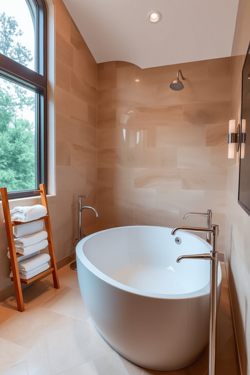 A spacious freestanding soaking tub serves as the centerpiece of the bathroom, surrounded by elegant fixtures and soft lighting. The walls are adorned with textured tiles in warm neutral tones, creating a serene and inviting atmosphere. Plush towels are neatly arranged on a stylish wooden rack nearby, complementing the overall aesthetic. A large window allows natural light to flood the space, enhancing the tranquil ambiance of this luxurious retreat.