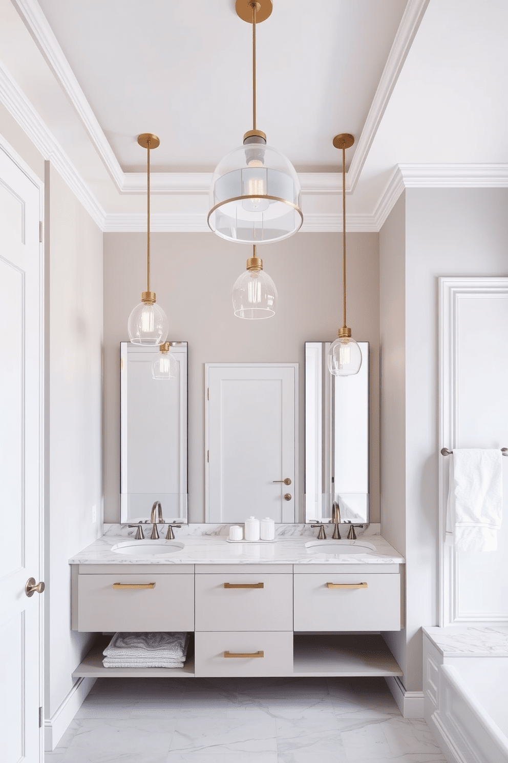 A chic bathroom design featuring elegant pendant lights suspended above a spacious vanity. The vanity is complemented by a stunning marble countertop and stylish fixtures, creating a luxurious atmosphere. The overall layout emphasizes openness, with ample space for movement and functionality. Soft neutral tones on the walls and floor tiles enhance the sophistication of the design.