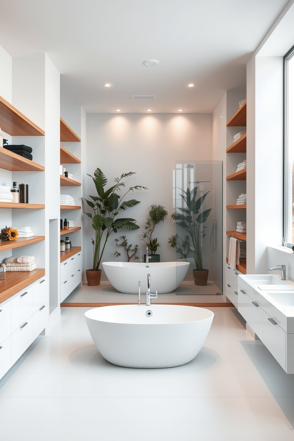 Open shelving lines the walls of a spacious bathroom, providing easy access to essentials and decorative items. The shelves are made of natural wood, beautifully contrasting with the sleek white tiles and modern fixtures throughout the space. A large freestanding bathtub sits elegantly in the center, surrounded by lush greenery and soft lighting. The design incorporates a walk-in shower with glass doors, creating a seamless flow and a sense of openness in the room.