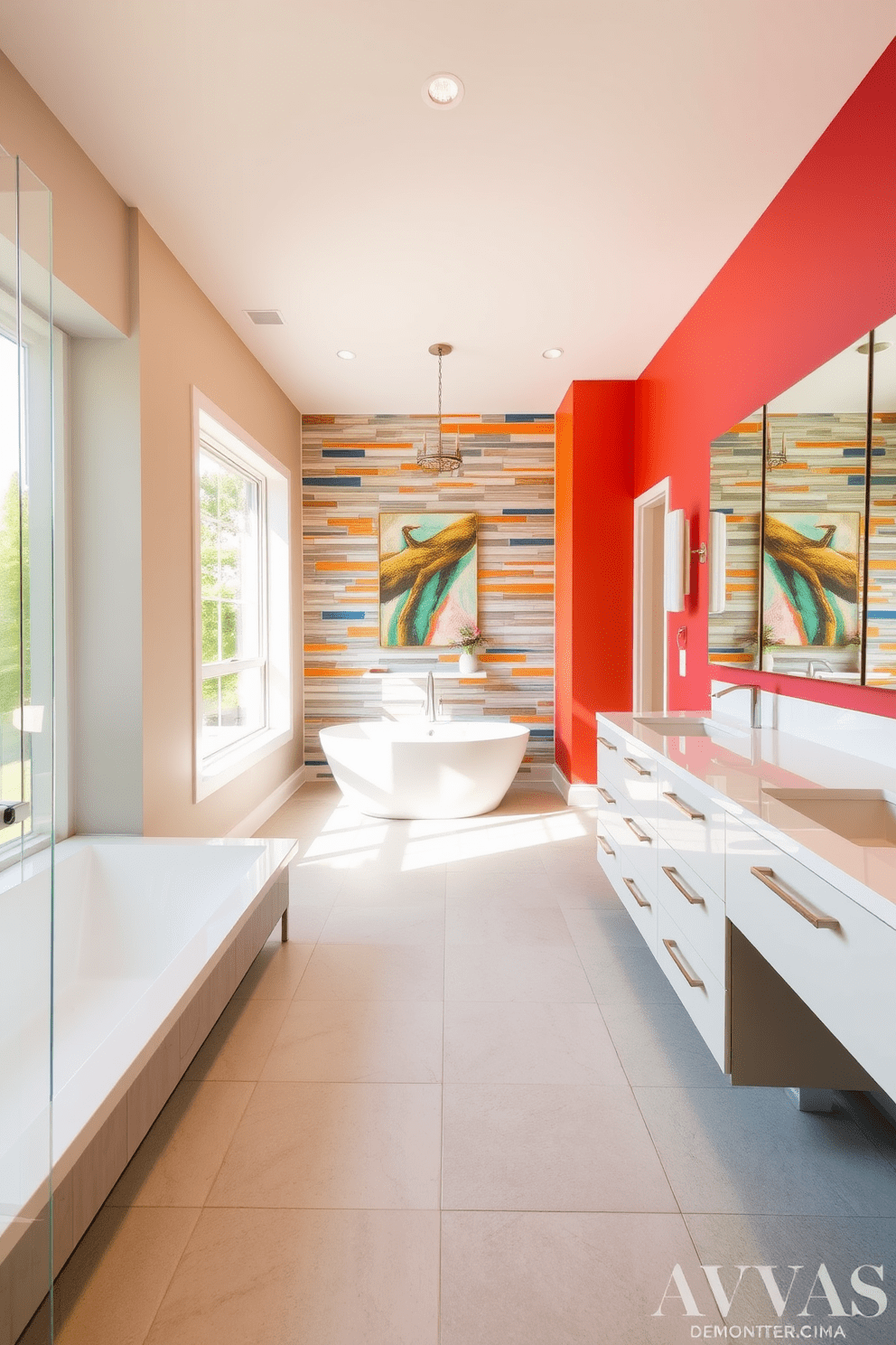 A large bathroom featuring a colorful accent wall that adds a vibrant pop of color to the space. The design includes a freestanding soaking tub positioned near a window, allowing natural light to flood the room. The floor is covered with large, neutral-toned tiles that contrast beautifully with the accent wall. A spacious double vanity with sleek, modern fixtures complements the overall aesthetic, creating a harmonious balance between style and functionality.