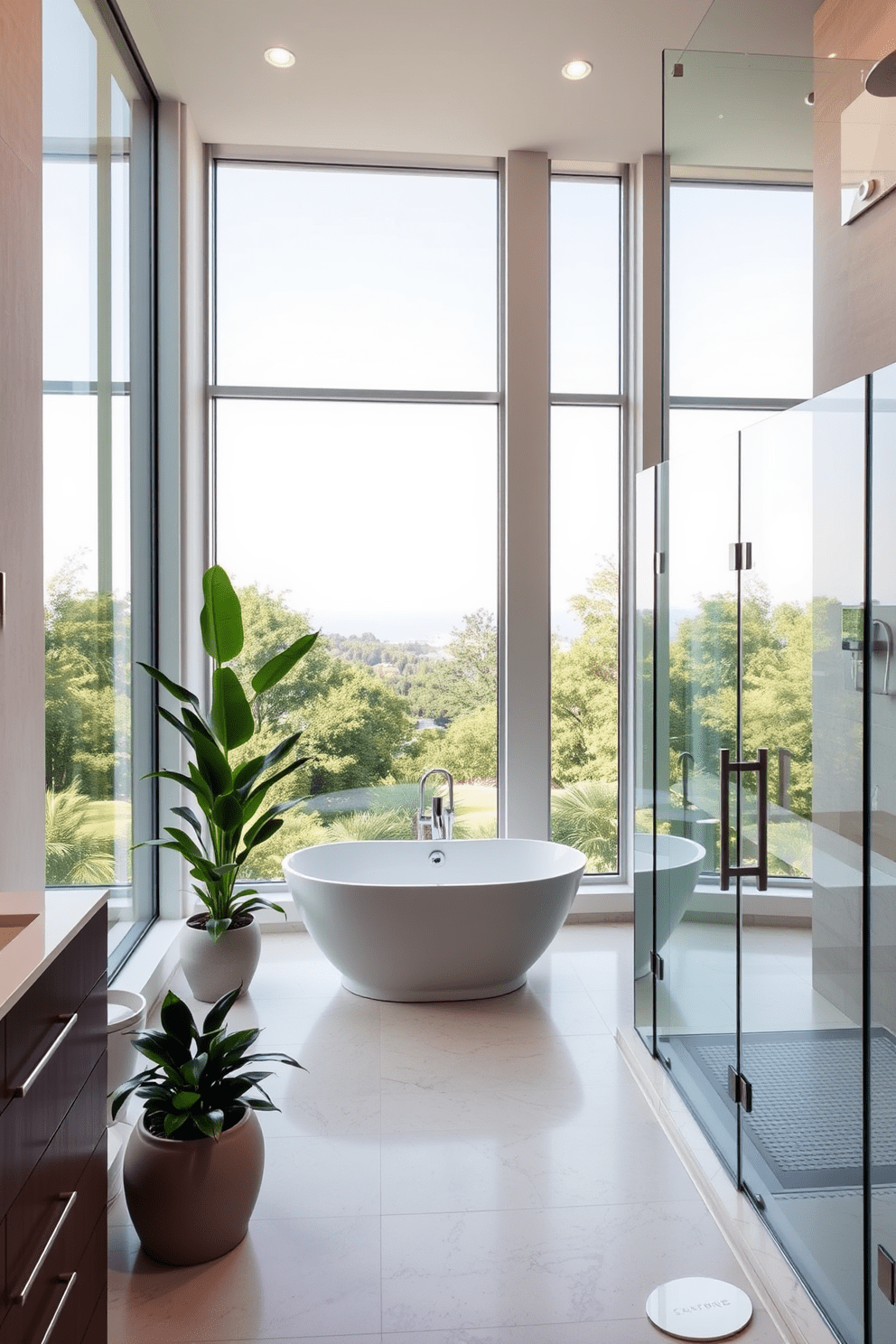 A spacious bathroom filled with natural light from oversized windows that stretch from floor to ceiling. The design features a freestanding soaking tub positioned to take advantage of the view, surrounded by elegant potted plants. The walls are adorned with soft, neutral tones that create a calming atmosphere. A large walk-in shower with glass doors complements the overall aesthetic, while sleek fixtures add a touch of modern sophistication.