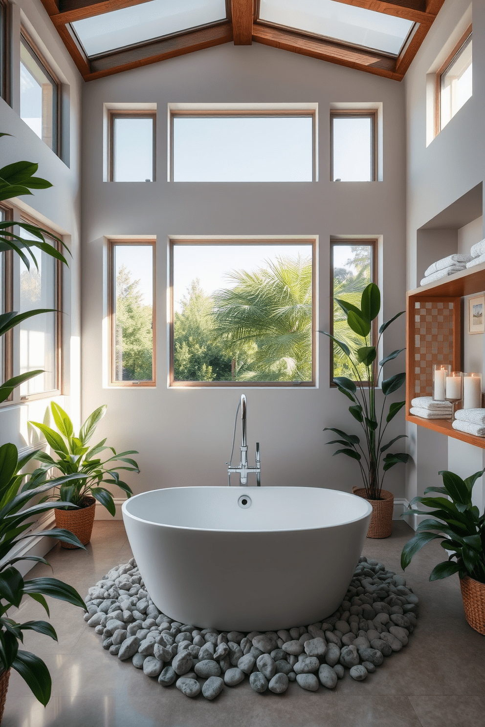 A serene bathroom oasis featuring large windows that allow natural light to flood the space. Lush greenery is strategically placed around the room, creating a calming atmosphere. The centerpiece is a freestanding soaking tub positioned beneath the windows, surrounded by smooth pebbles for a natural touch. Elegant wooden shelving holds plush towels and scented candles, enhancing the spa-like experience.