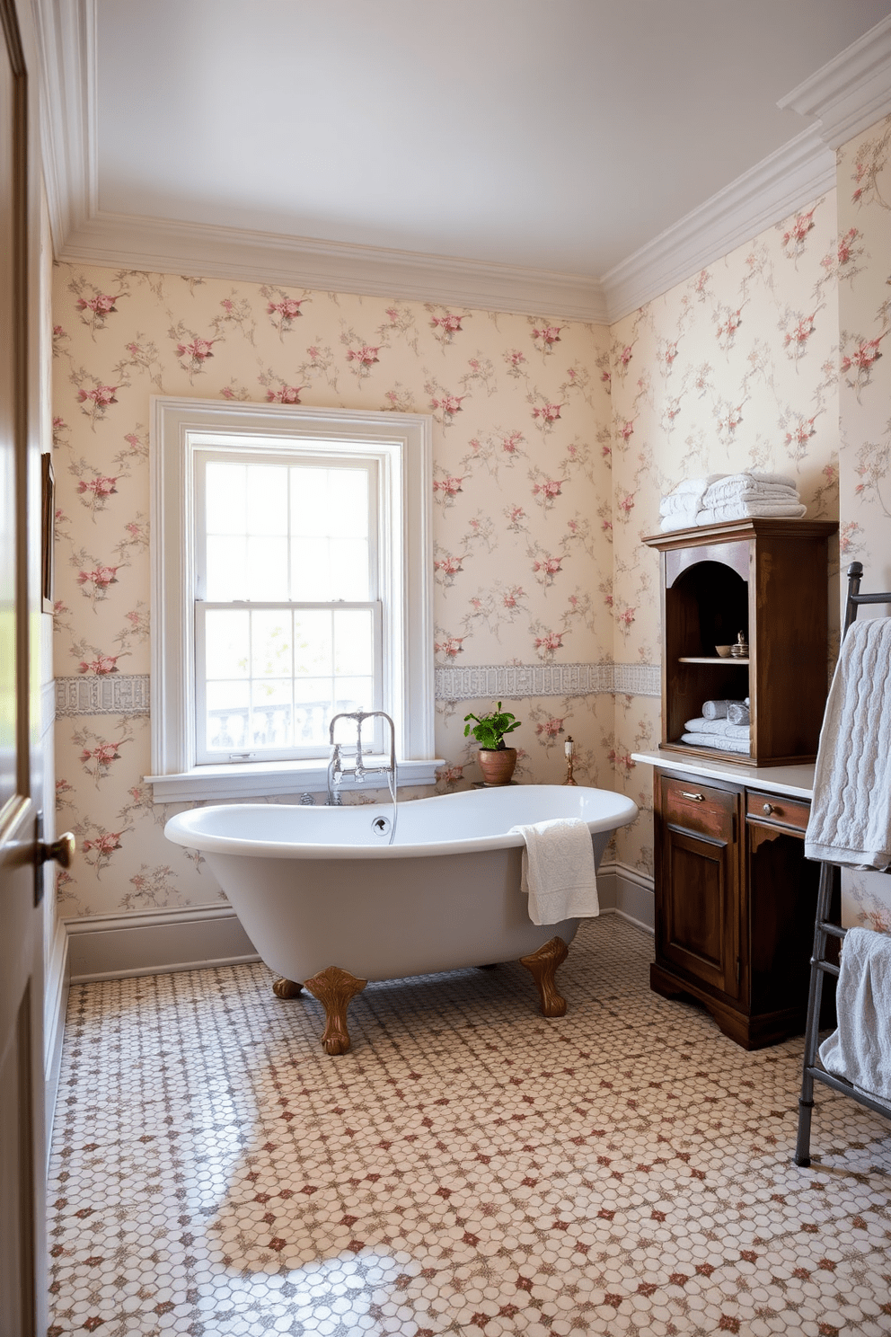 A vintage clawfoot tub sits elegantly in the center of a spacious bathroom, surrounded by delicate floral wallpaper that adds a touch of classic charm. The floor is adorned with intricate mosaic tiles, and a large window allows natural light to flood the room, highlighting the antique fixtures and accessories. Rich wooden cabinetry complements the soft pastel color scheme, providing ample storage while maintaining an inviting atmosphere. Plush towels are neatly arranged on a nearby rack, and a small potted plant adds a refreshing touch of greenery to the overall design.