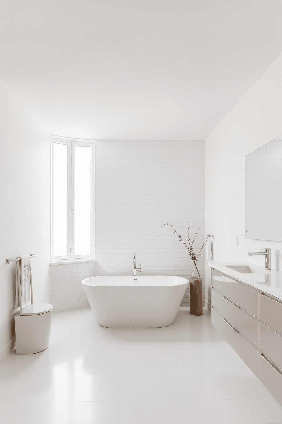 A spacious minimalist bathroom featuring clean lines and a neutral color palette. The focal point is a freestanding soaking tub positioned under a large window, allowing natural light to fill the space. The walls are adorned with simple white tiles, creating a serene backdrop for the room. A floating vanity with a single sink and sleek storage complements the overall aesthetic, while a large mirror enhances the sense of openness.