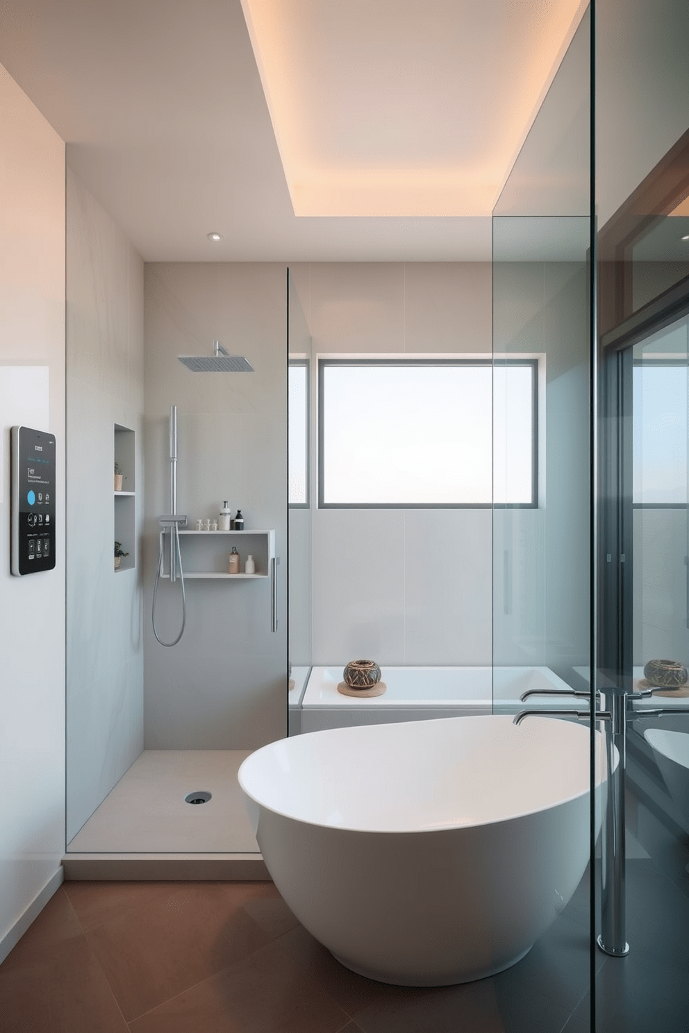 A spacious bathroom featuring integrated smart technology for convenience. The design includes a sleek digital control panel for lighting and temperature settings, seamlessly built into the wall. Large glass shower enclosure with a rainfall showerhead and built-in shelves for toiletries. The freestanding soaking tub is positioned by a large window, allowing natural light to fill the space.