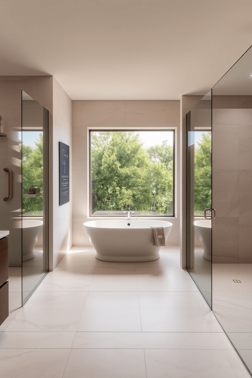 A large bathroom featuring large format tiles that create a seamless and elegant look throughout the space. The design incorporates a freestanding soaking tub positioned by a window, with a view of lush greenery outside. The walls are adorned with large format tiles in soft neutral tones, enhancing the sense of openness. A spacious walk-in shower with a glass enclosure complements the overall aesthetic, showcasing the beautiful tile work.