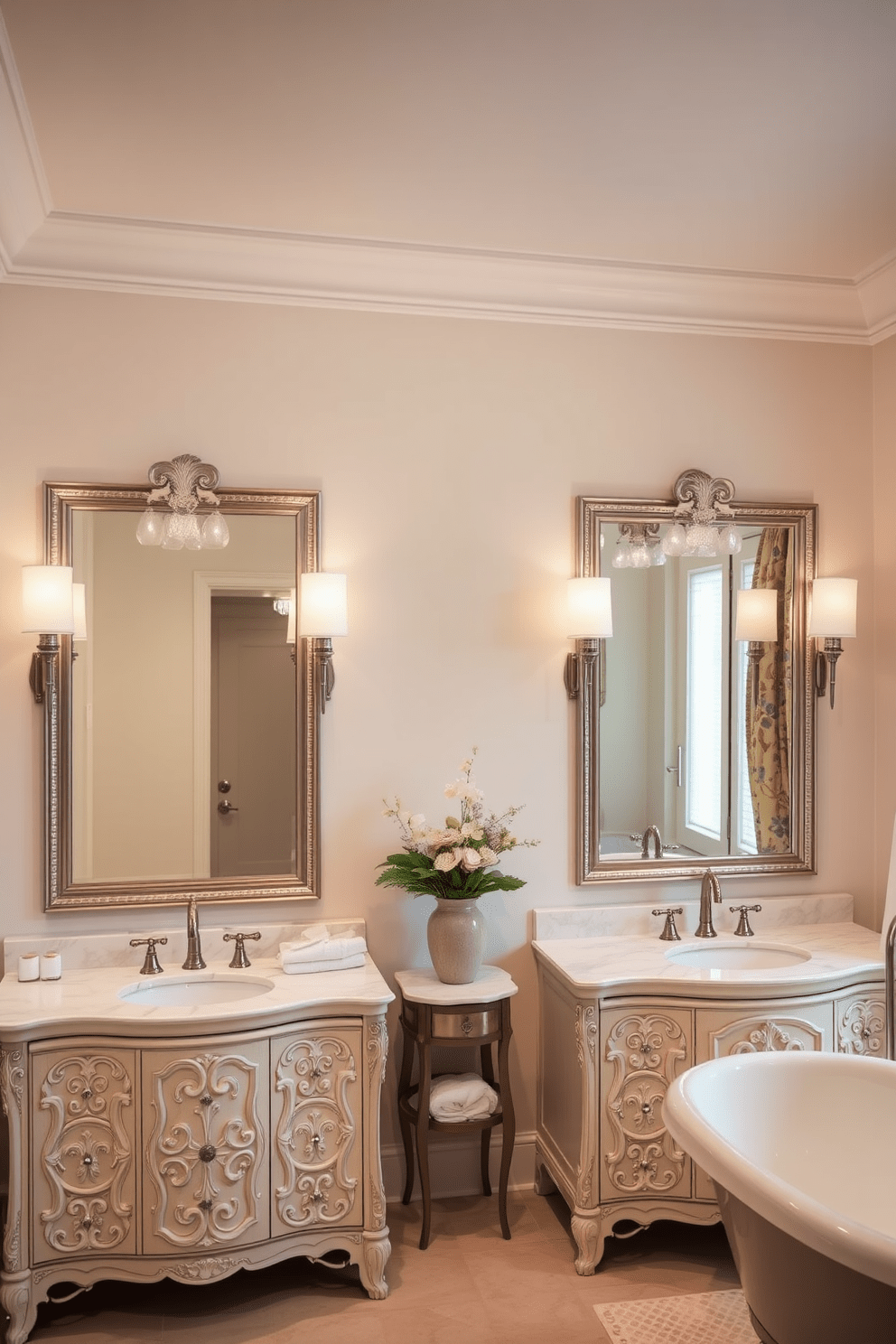 A spacious bathroom featuring dual vanities with intricate detailing and elegant lighting fixtures suspended above each sink. The walls are adorned with soft neutral tones, creating a serene atmosphere complemented by a luxurious freestanding bathtub nearby.