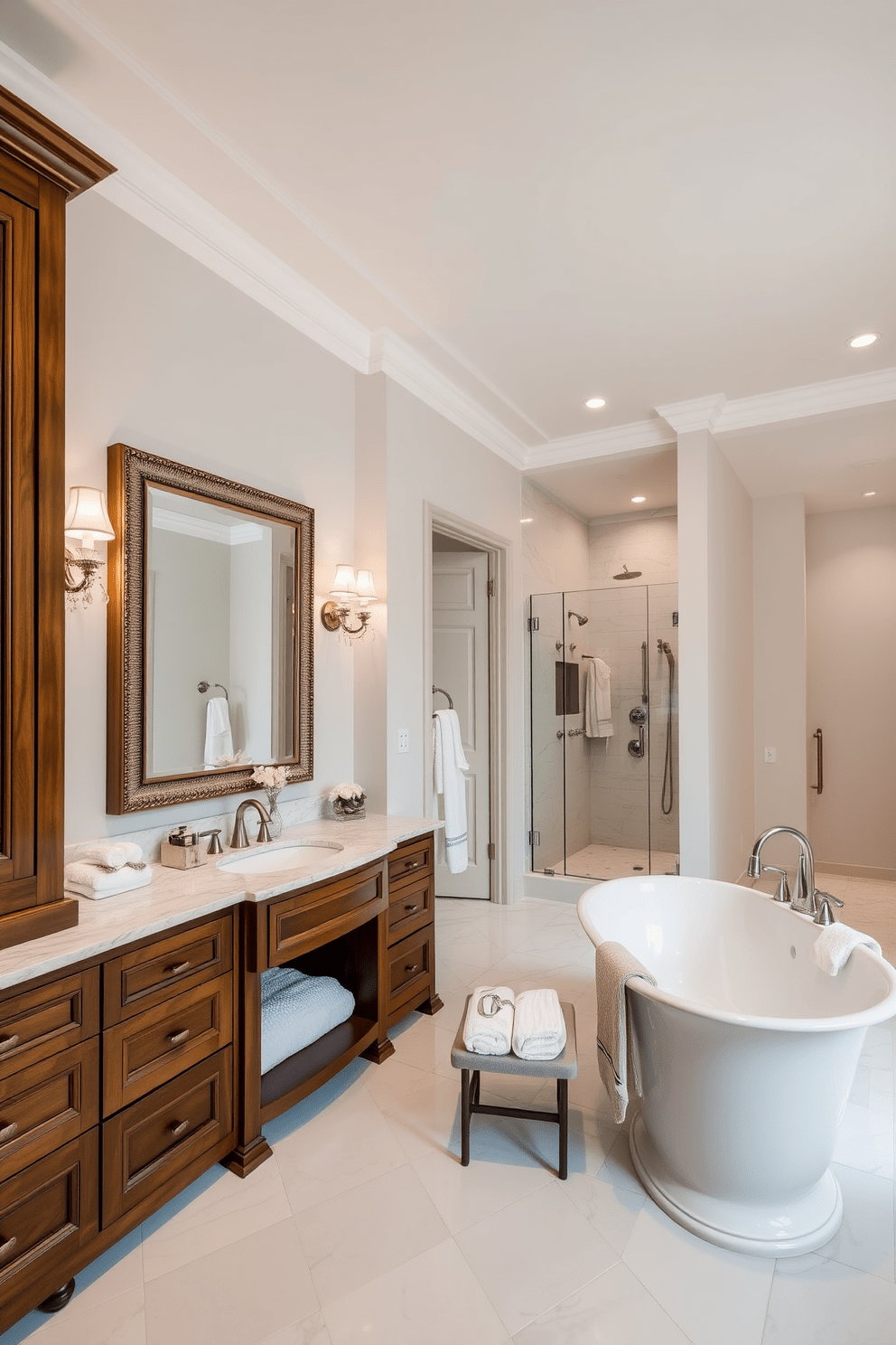 A large bathroom featuring elegant sconces flanking a beautifully framed mirror. The space is adorned with a freestanding soaking tub and a spacious walk-in shower with glass doors. The walls are painted in a soft neutral tone, complemented by rich wooden cabinetry and a stylish double vanity. Luxurious marble flooring adds sophistication, while plush towels and decorative accents enhance the overall aesthetic.