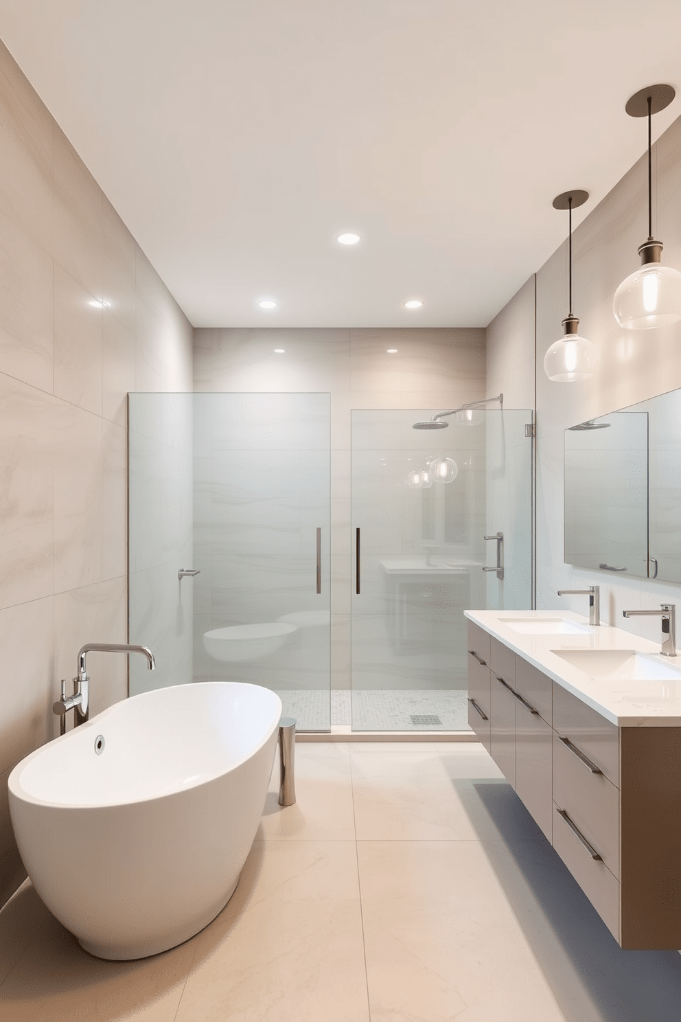 A spacious bathroom featuring contemporary fixtures with sleek finishes. The design includes a freestanding soaking tub with a modern faucet and a walk-in shower with frameless glass doors. The walls are adorned with large-format tiles in a neutral tone, creating a seamless look. A double vanity with a minimalist design is complemented by stylish pendant lighting hanging above.