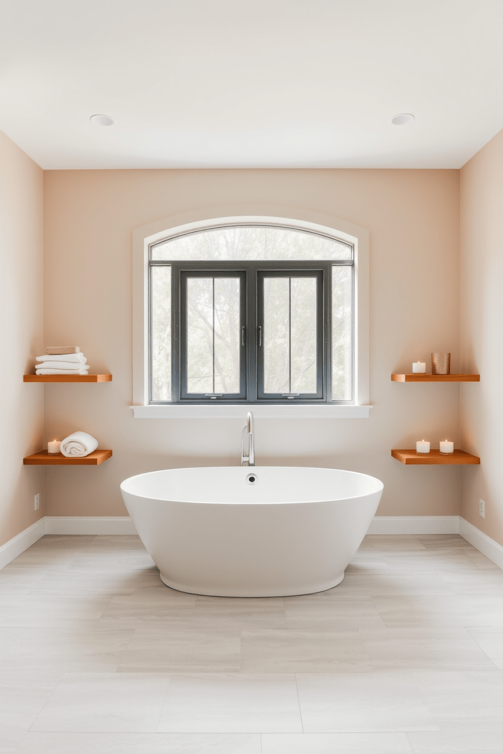 A spacious bathroom featuring a neutral color palette that promotes a calming atmosphere. The walls are painted in soft beige, complemented by light gray tiles on the floor, creating a serene backdrop for relaxation. The centerpiece is a freestanding soaking tub, elegantly positioned beneath a large window that allows natural light to flood the space. Flanking the tub are minimalist wooden shelves displaying neatly folded towels and decorative candles for added tranquility.