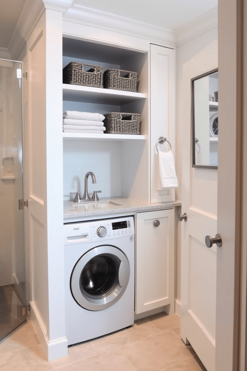 A stylish laundry area within the bathroom features a sleek built-in washer and dryer tucked behind custom cabinetry. The cabinetry is painted in a soft white hue, complemented by a marble countertop that provides ample folding space. Above the countertop, open shelving displays neatly folded towels and decorative baskets for storage. The flooring is a light gray tile, adding a modern touch to the overall design while maintaining a cohesive look with the bathroom elements.