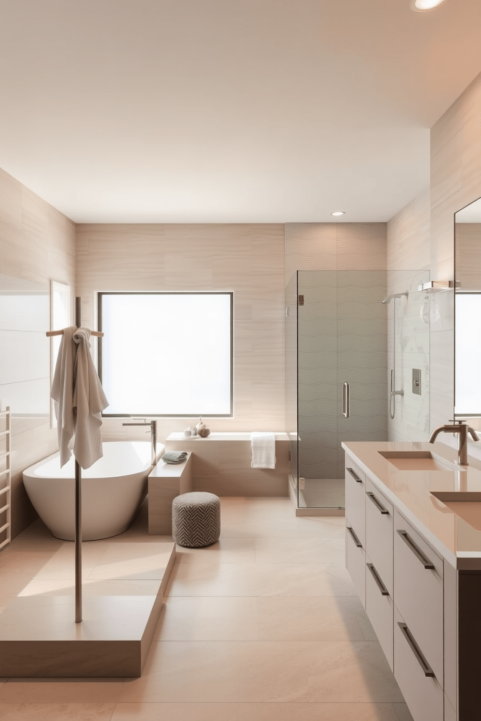 A large bathroom featuring a freestanding towel rack as the focal point. The space is designed with a soaking tub and an expansive walk-in shower, complemented by elegant fixtures and ample natural light. The walls are adorned with textured tiles in soft neutral tones, creating a serene atmosphere. A stylish double vanity with a sleek countertop and modern sinks enhances the overall sophistication of the room.