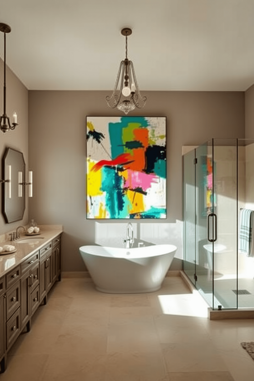 Artistic artwork to enhance decor. A large abstract painting in vibrant colors hangs above a freestanding soaking tub, creating a focal point in the space. Large bathroom design ideas. The room features a spacious layout with a double vanity, elegant light fixtures, and a walk-in shower with glass doors, all complemented by a neutral color palette.