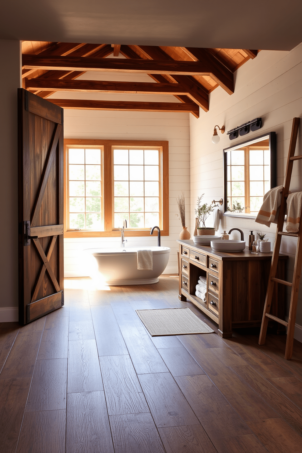 A rustic barn door opens into a spacious bathroom featuring a freestanding soaking tub positioned under a large window that allows natural light to flood the space. The walls are adorned with shiplap, and the floor is covered in wide plank wood, creating a warm and inviting atmosphere. The vanity is crafted from reclaimed wood with a distressed finish, topped with a double sink and a large mirror framed in wrought iron. Accents of greenery are added with potted plants, and plush towels are neatly arranged on a ladder shelf nearby.