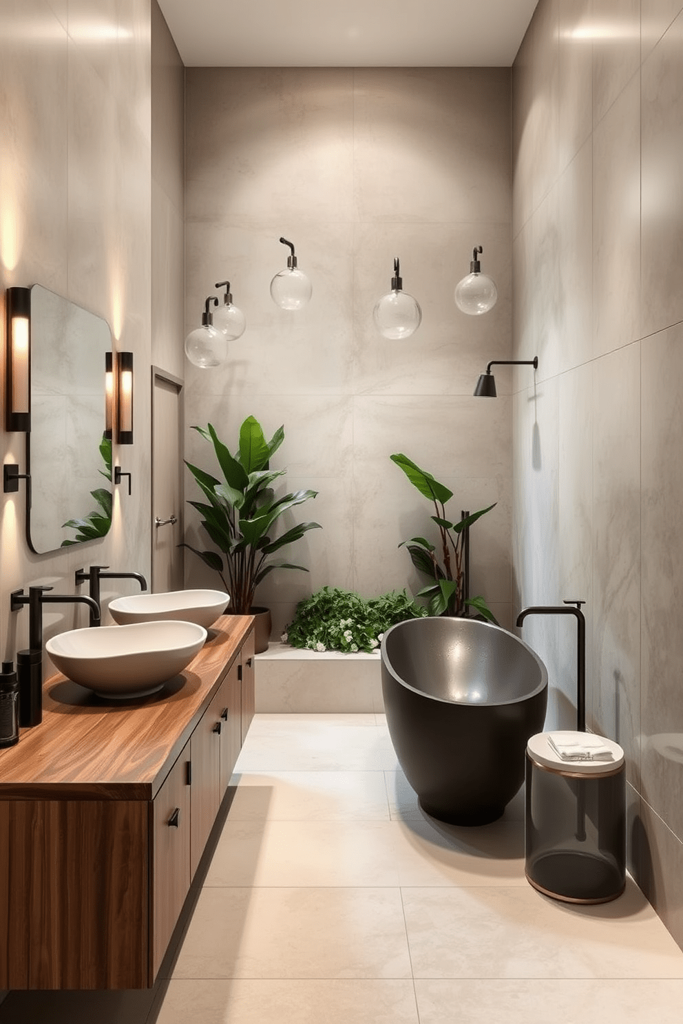 A spacious bathroom featuring unique sink designs that add character to the space. The sinks are artistically shaped and mounted on a stunning wooden vanity, complemented by elegant fixtures and ambient lighting. The walls are adorned with large-format tiles in soft neutral tones, creating a serene backdrop. A freestanding soaking tub sits gracefully in one corner, surrounded by lush greenery for a spa-like atmosphere.