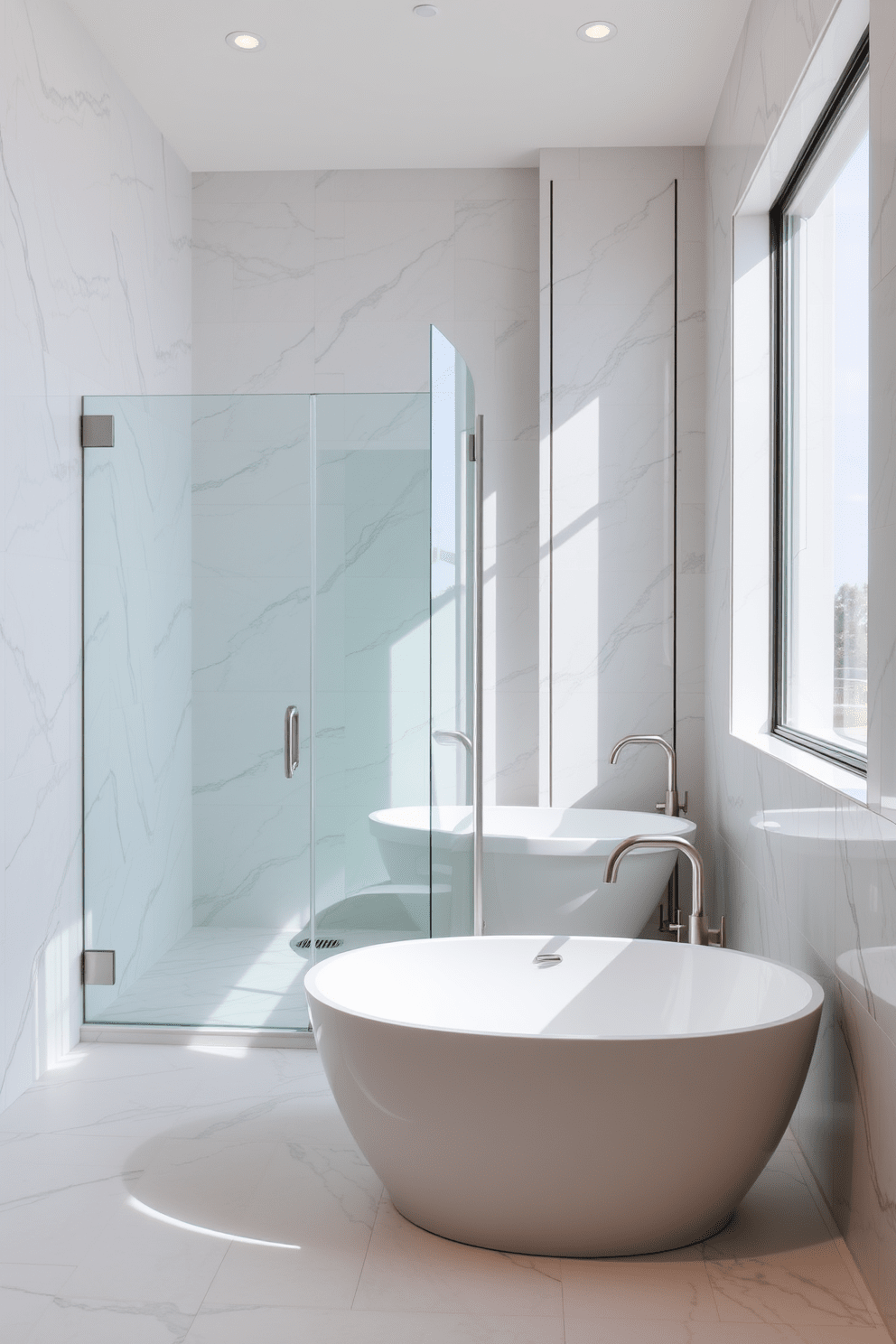 A spacious walk-in shower features a sleek glass enclosure that allows natural light to flood the area. The walls are adorned with large format marble tiles, creating a luxurious and open feel. The bathroom is designed with a contemporary aesthetic, incorporating a freestanding soaking tub positioned near a large window. Elegant fixtures in brushed nickel complement the overall design, enhancing the modern appeal.