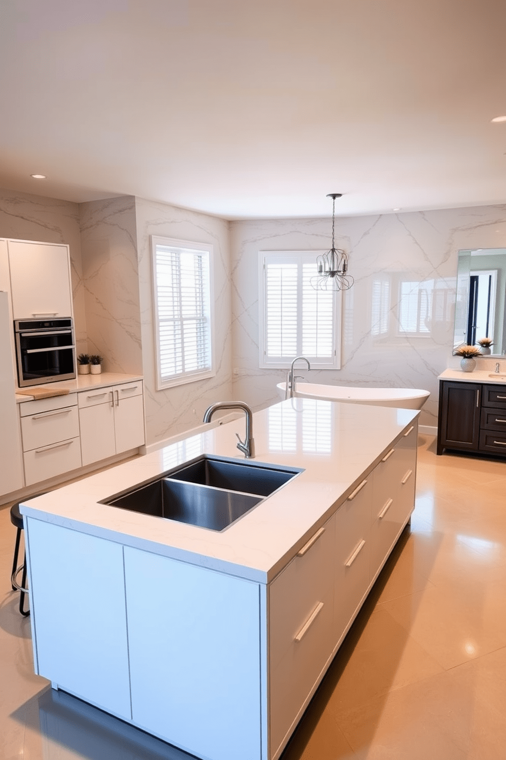 A modern multi-functional kitchen island with a sleek design featuring a quartz countertop and integrated storage. The island includes a breakfast bar on one side with stylish stools and a built-in sink for convenience. A spacious bathroom designed with a freestanding soaking tub positioned near a large window. The walls are adorned with elegant tile work, and a double vanity with ample storage complements the overall luxurious feel.