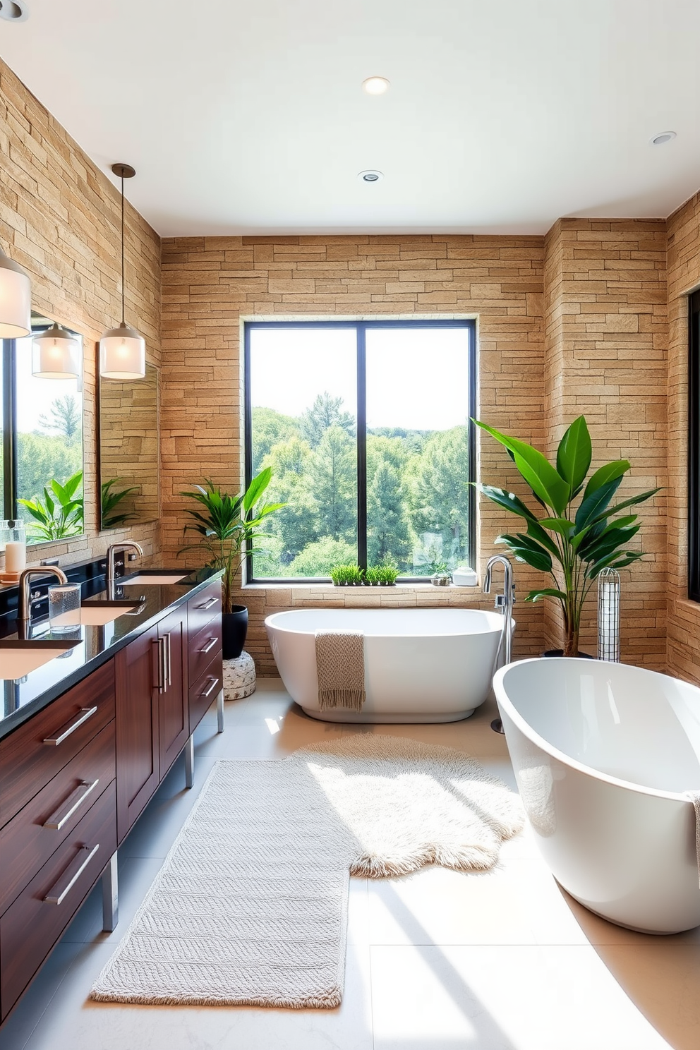 A spacious bathroom featuring a natural stone accent wall that adds warmth and texture to the space. The design includes a freestanding soaking tub positioned near a large window, allowing for ample natural light and a serene view. Complementing the stone wall, the bathroom showcases a double vanity with sleek, modern fixtures and elegant pendant lighting above. A plush area rug lies beneath the vanity, and lush greenery is placed strategically throughout to enhance the inviting atmosphere.