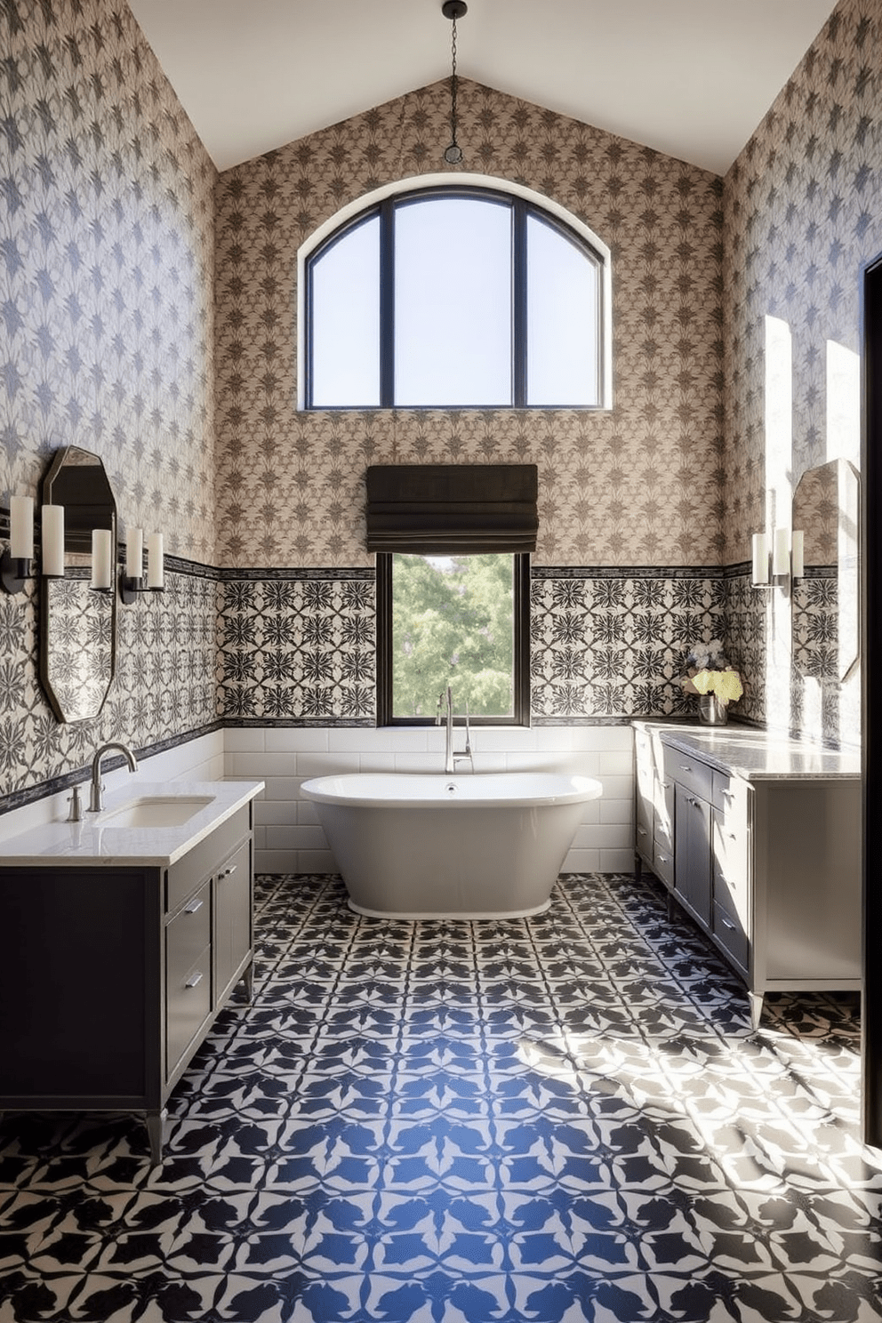 A spacious bathroom featuring bold patterned tiles that create a striking visual interest. The design includes a freestanding soaking tub centered under a large window, allowing natural light to flood the space. The walls are adorned with elegant wallpaper that complements the tile patterns. A double vanity with a sleek design and ample storage is positioned against one wall, enhancing functionality and style.