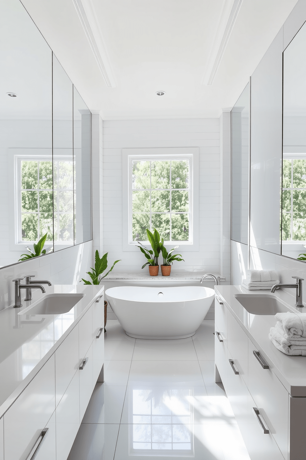 A spacious and elegant bathroom featuring large mirrors that enhance light reflection throughout the space. The design includes a freestanding bathtub positioned under a window, surrounded by potted plants for a touch of nature. The walls are adorned with soft white tiles, creating a clean and airy atmosphere. A sleek double vanity with modern fixtures complements the overall aesthetic, while plush towels are neatly arranged on a nearby shelf.