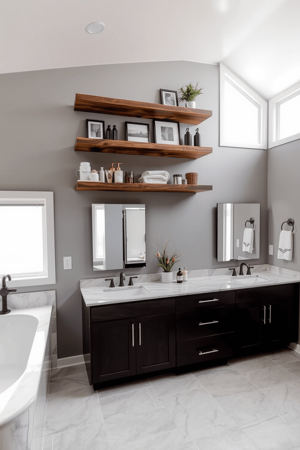 A spacious bathroom featuring floating shelves made of reclaimed wood, adorned with stylish decor and neatly organized toiletries. The walls are painted in a soft gray, complemented by modern fixtures and a large soaking tub beneath a frosted window. Incorporating a double vanity with sleek lines and a quartz countertop, the design emphasizes both functionality and elegance. The floor is covered in large format porcelain tiles, creating a seamless look that enhances the overall spaciousness of the room.