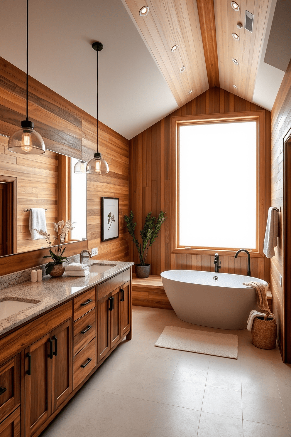 A spacious bathroom with warm wood accents creates a cozy and inviting atmosphere. The design features a freestanding soaking tub surrounded by natural wood paneling and a large window that lets in soft, diffused light. The double vanity showcases rich wooden cabinetry with a quartz countertop, complemented by stylish pendant lights overhead. Plush towels and decorative plants add a touch of comfort and elegance to the overall design.