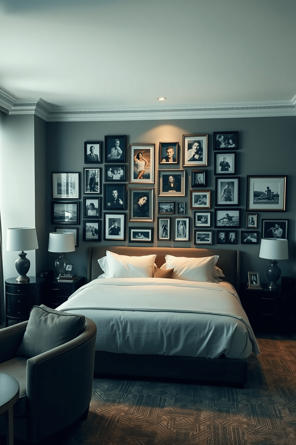 A gallery wall filled with personal photos creates a warm and inviting atmosphere. The wall is adorned with a mix of framed memories, showcasing various sizes and styles of frames for visual interest. The large bedroom features a plush king-sized bed dressed in luxurious linens. Soft lighting from bedside lamps creates a cozy ambiance, while a seating area with a stylish armchair invites relaxation.