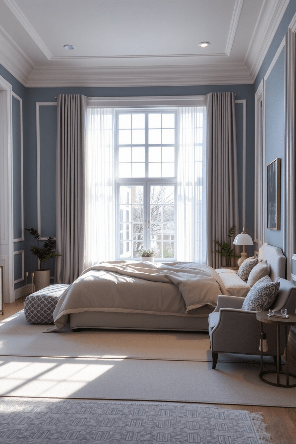 A serene color palette for relaxation. The walls are painted in soft shades of blue and gray, complemented by crisp white trim and furniture. A plush king-sized bed is centered in the room, adorned with layered bedding in calming hues. Large windows allow natural light to flood in, framed by sheer curtains that gently sway with the breeze. A cozy seating area with a comfortable armchair and a small side table is positioned near the window. Decorative elements include a few potted plants and soft, ambient lighting to enhance the tranquil atmosphere.