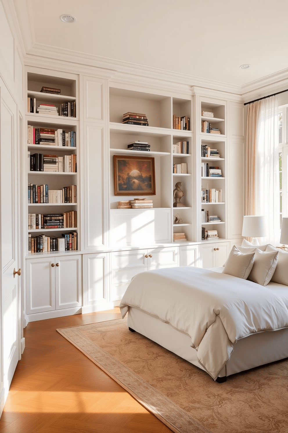 A spacious bedroom featuring built-in shelving that elegantly displays a collection of books and decorative items. The shelving is painted in a soft white finish, creating a bright and airy feel against the warm wood tones of the flooring. The room is adorned with a plush king-sized bed dressed in luxurious linens and a statement headboard. Large windows draped with sheer curtains allow natural light to flood the space, enhancing the inviting atmosphere.