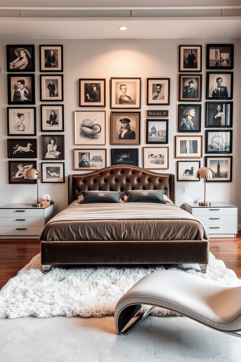 A large bedroom featuring a blend of vintage and modern decor elements. The focal point is a king-sized bed with a tufted velvet headboard, flanked by sleek nightstands with contemporary lamps. The walls are adorned with a gallery of framed vintage artwork, creating a striking contrast with the minimalist design of the furniture. A plush area rug lies beneath the bed, adding warmth to the hardwood floor, while a modern chaise lounge sits in the corner for relaxation.