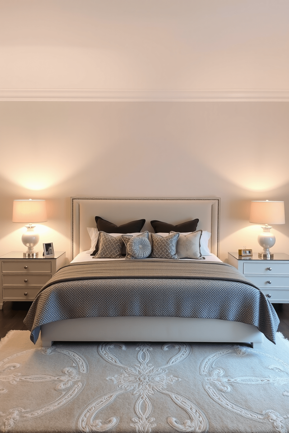 A spacious bedroom featuring two identical bedside tables on either side of a king-sized bed. Each table is adorned with elegant lamps that cast a warm glow, creating a balanced and inviting atmosphere. The walls are painted in a soft, neutral tone, complemented by plush bedding in coordinating colors. A large area rug lies beneath the bed, adding texture and warmth to the space.