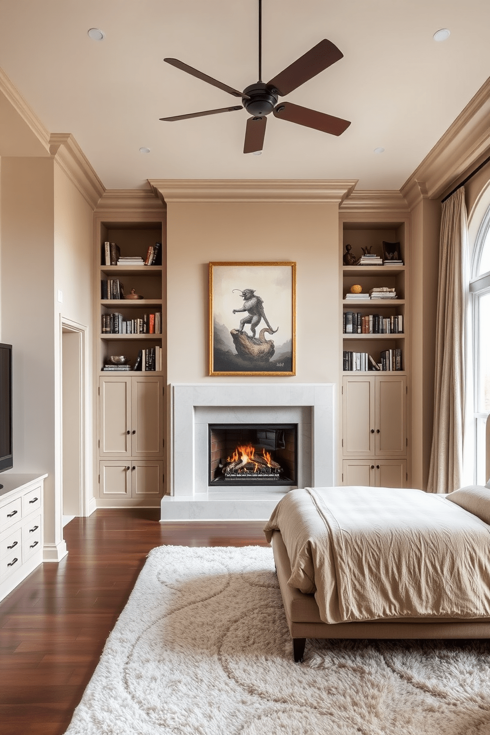 A large bedroom featuring a cozy fireplace as the focal point, surrounded by built-in shelves filled with books and decorative items. The walls are painted in a soft beige tone, and the floor is covered with a plush area rug that adds warmth to the space. The bed is dressed in luxurious linens with an oversized headboard that complements the room's color palette. Large windows allow natural light to flood the room, and elegant curtains frame the views, enhancing the cozy atmosphere.