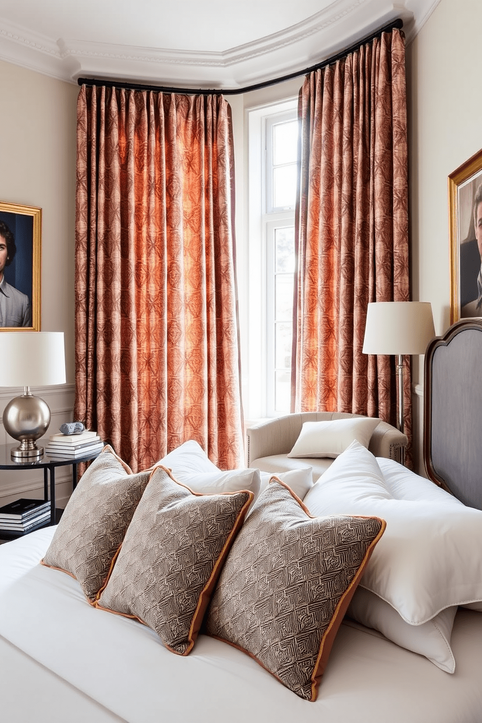 A spacious bedroom featuring patterned curtains that add a pop of color and visual interest to the room. The bed is dressed in luxurious linens with plush throw pillows, creating an inviting and comfortable atmosphere. On one side of the room, a stylish bedside table holds a modern lamp and a stack of books. The walls are adorned with elegant artwork, enhancing the overall aesthetic of the space.